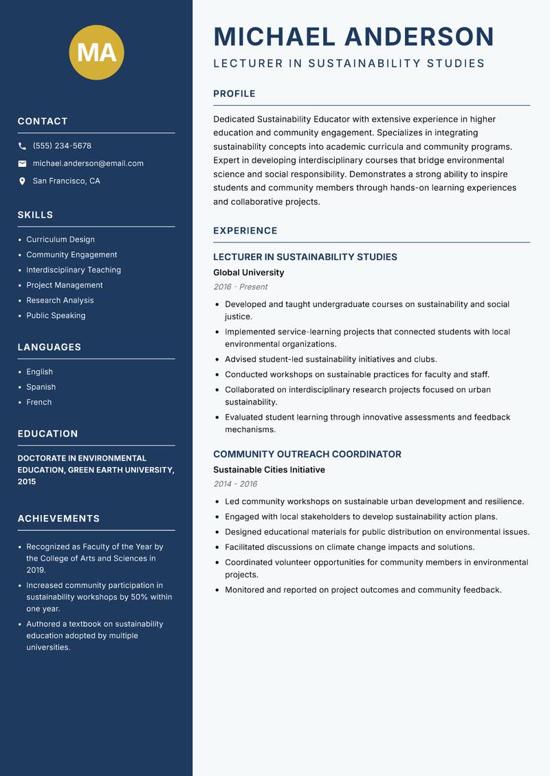 Sustainability Educator Resume Preview Example