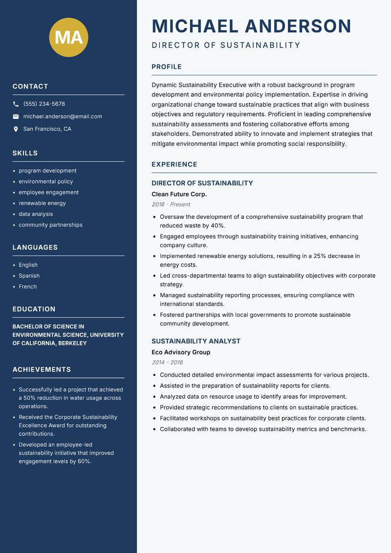 Sustainability Executive Resume Preview Example
