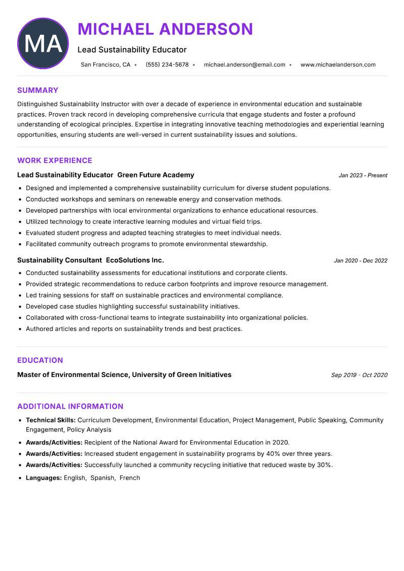 Sustainability Instructor Resume Preview Example