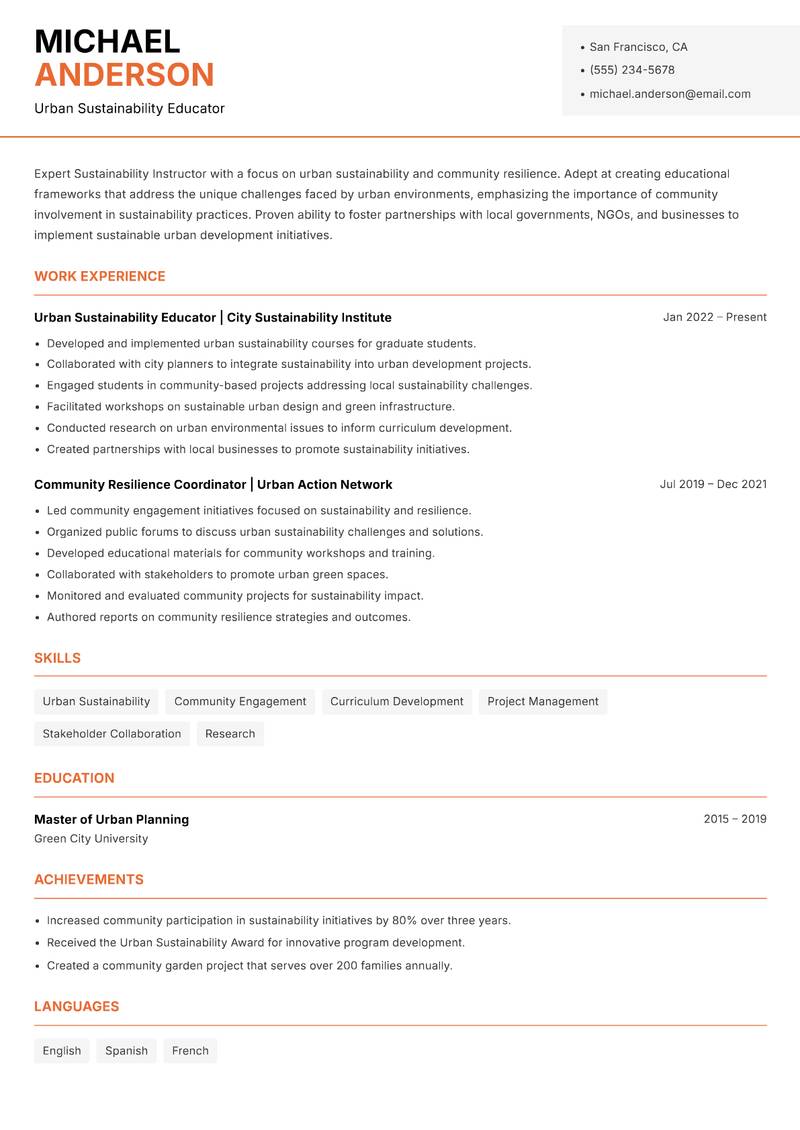 Sustainability Instructor Resume Template