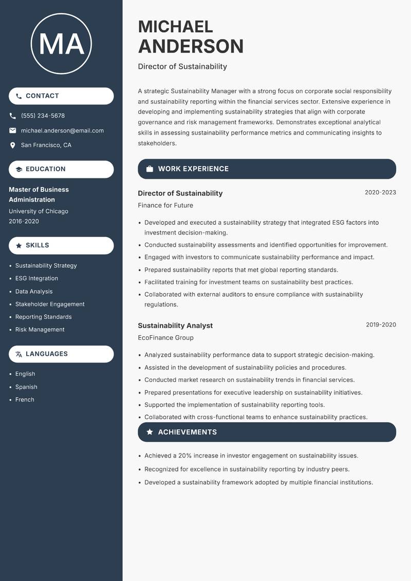 Sustainability Manager Resume Preview Example