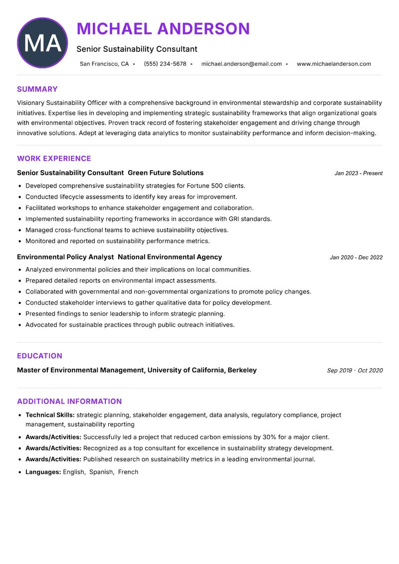 Sustainability Officer Resume Preview Example