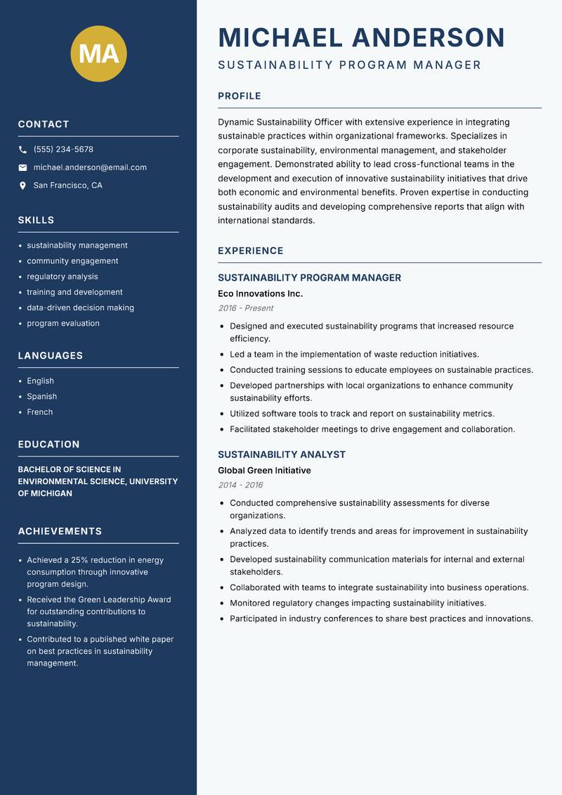 Sustainability Officer Resume Preview Example