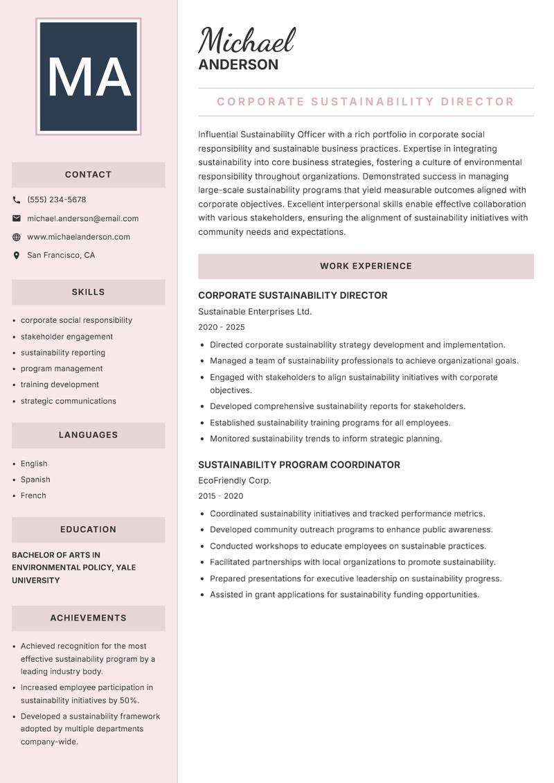 Sustainability Officer Resume Preview Example