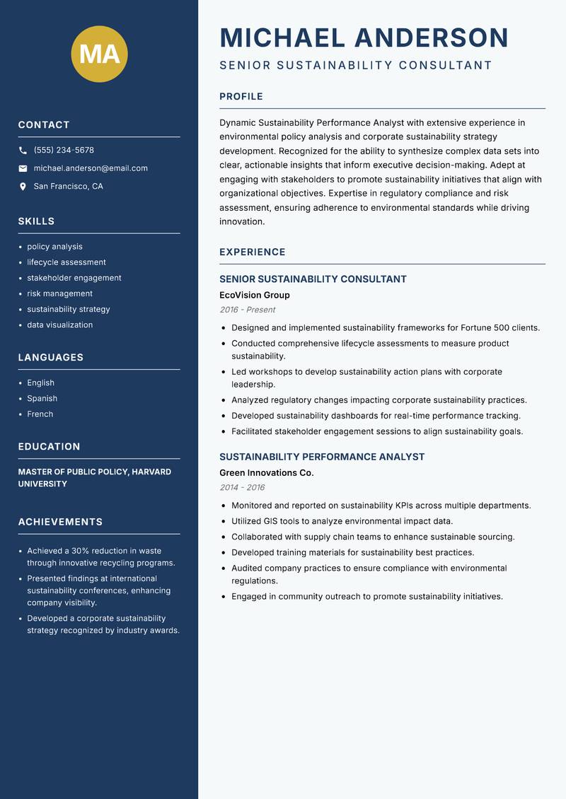 Sustainability Performance Analyst Resume Preview Example