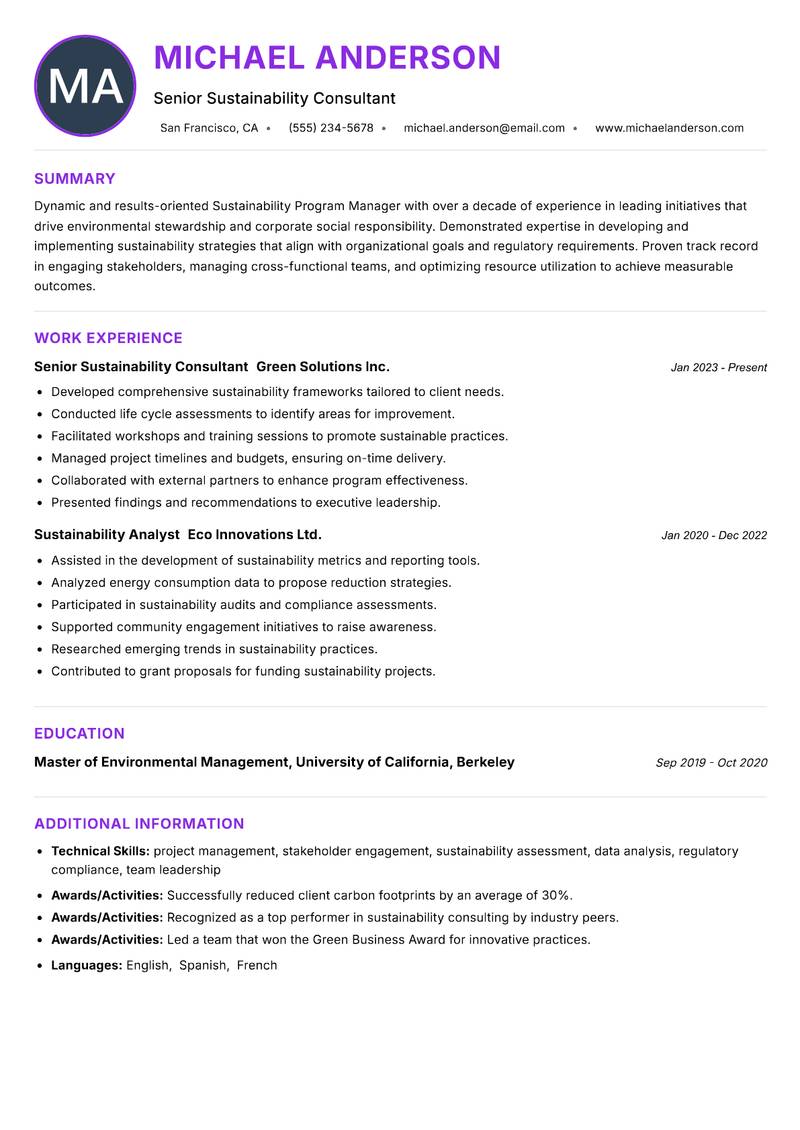 Sustainability Program Manager Resume Preview Example