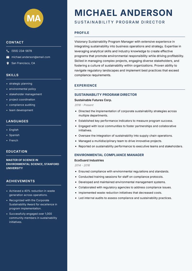 Sustainability Program Manager Resume Preview Example