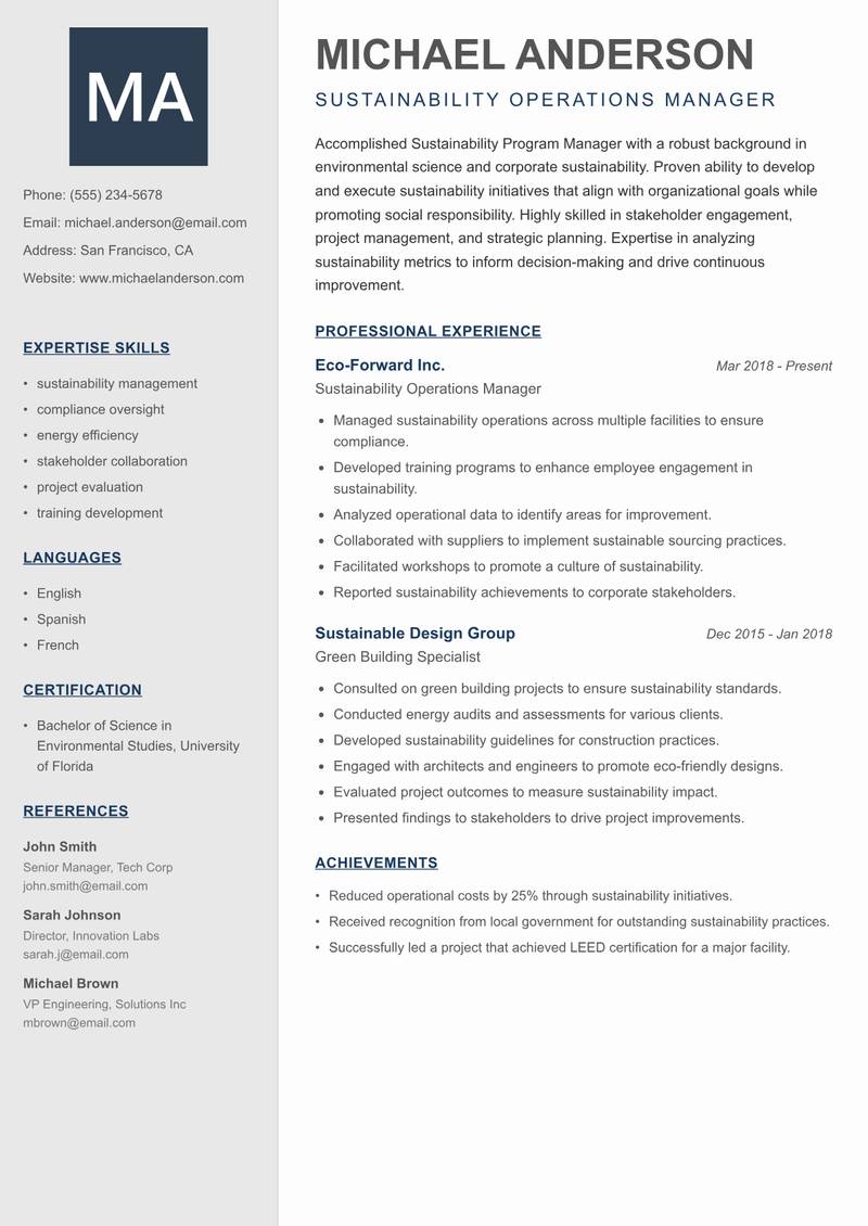 Sustainability Program Manager Resume Preview Example