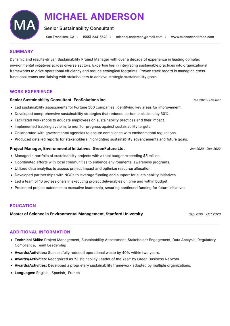 Sustainability Project Manager Resume Preview Example