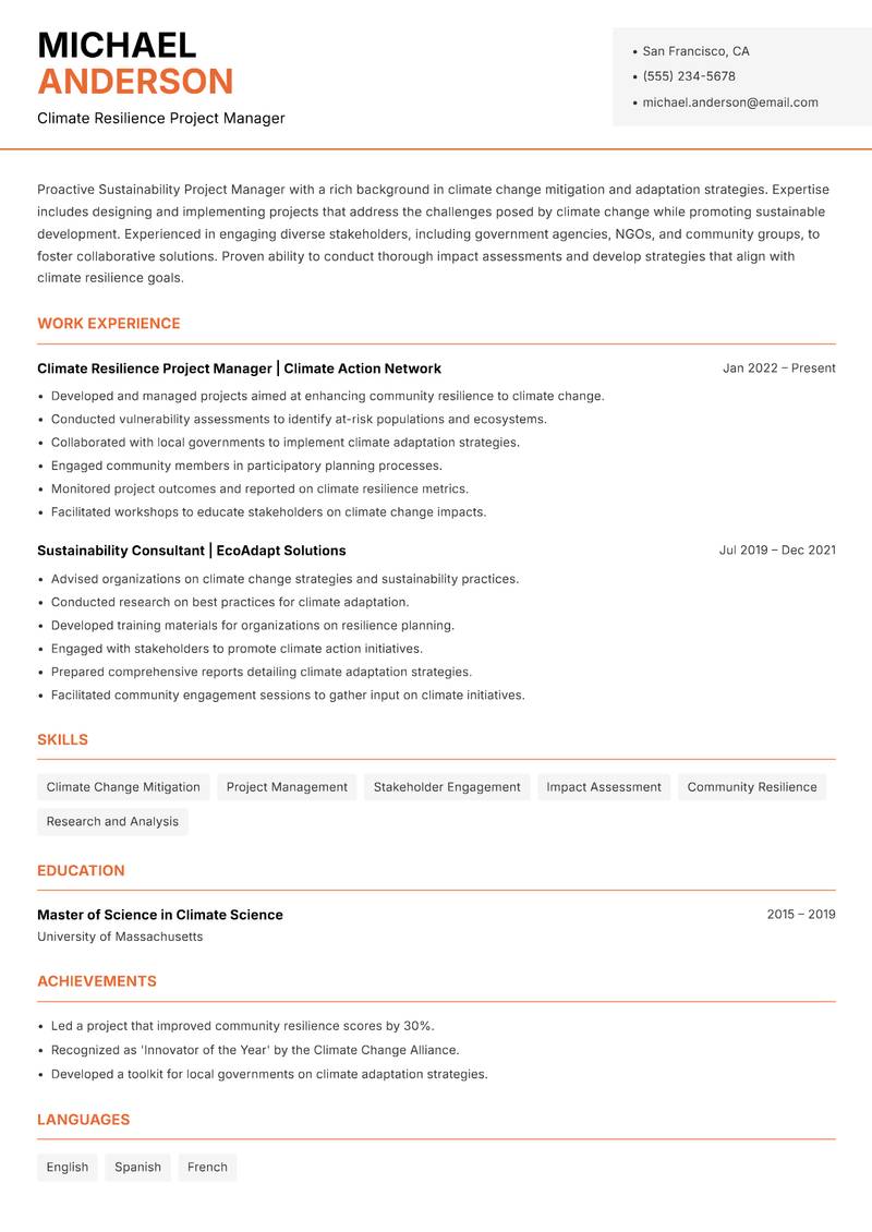 Sustainability Project Manager Resume Template