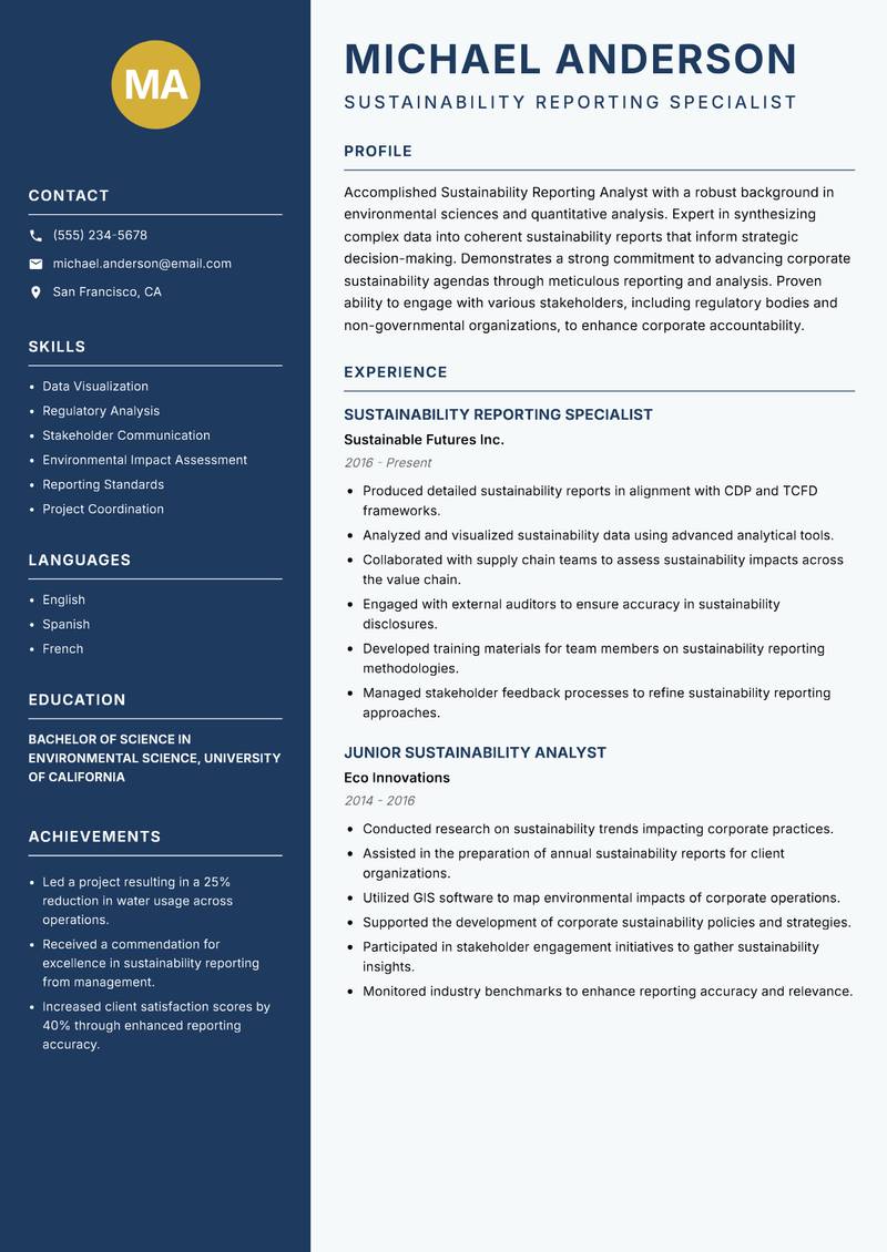 Sustainability Reporting Analyst Resume Preview Example