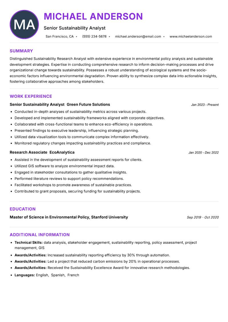 Sustainability Research Analyst Resume Preview Example