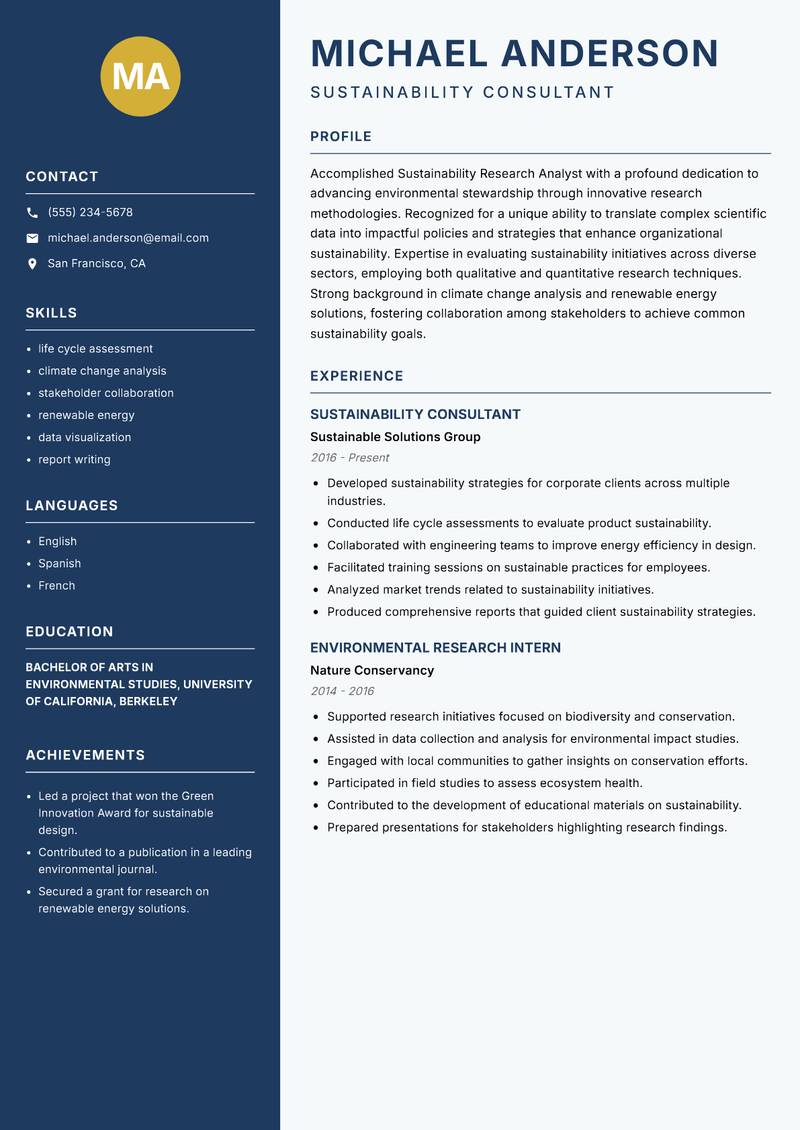 Sustainability Research Analyst Resume Preview Example