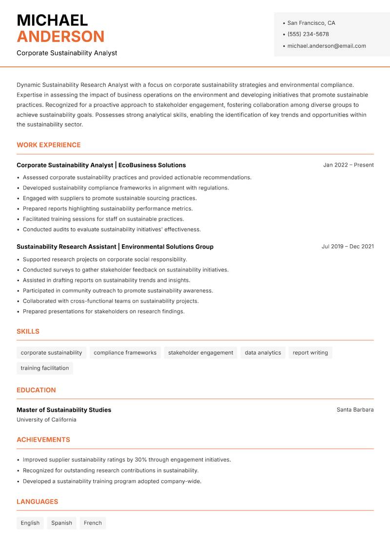 Sustainability Research Analyst Resume Template