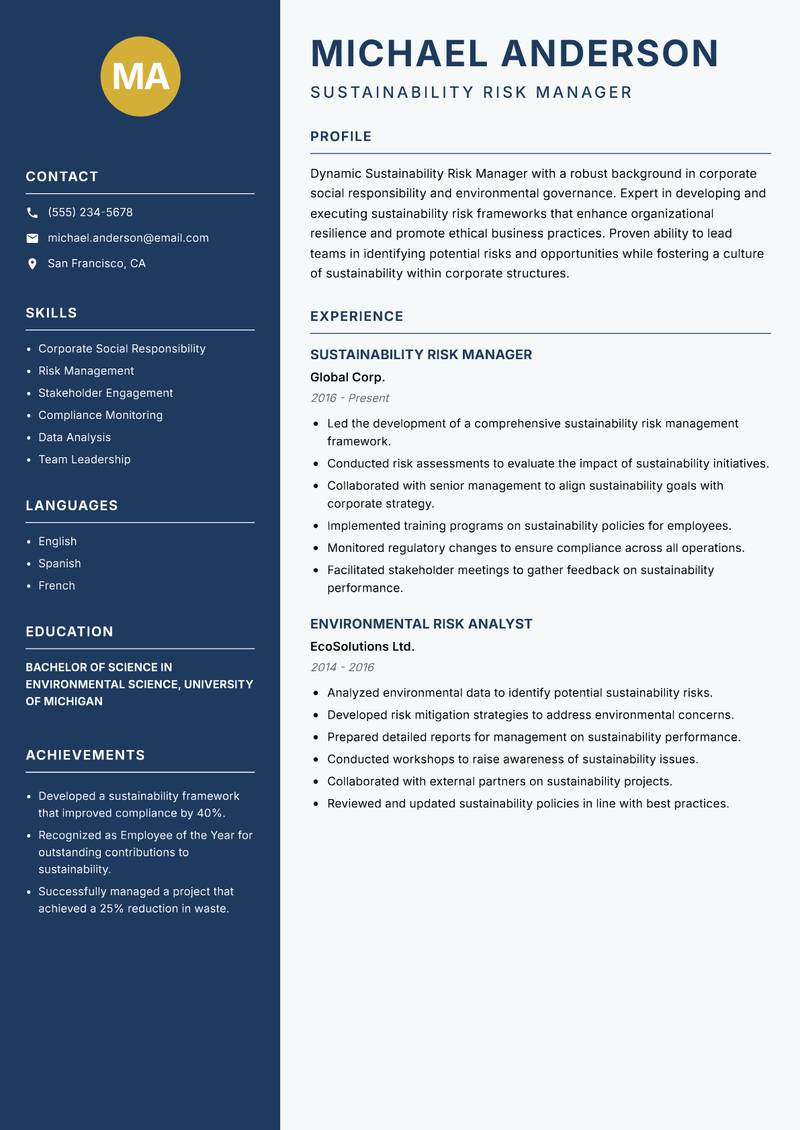 Sustainability Risk Manager Resume Preview Example
