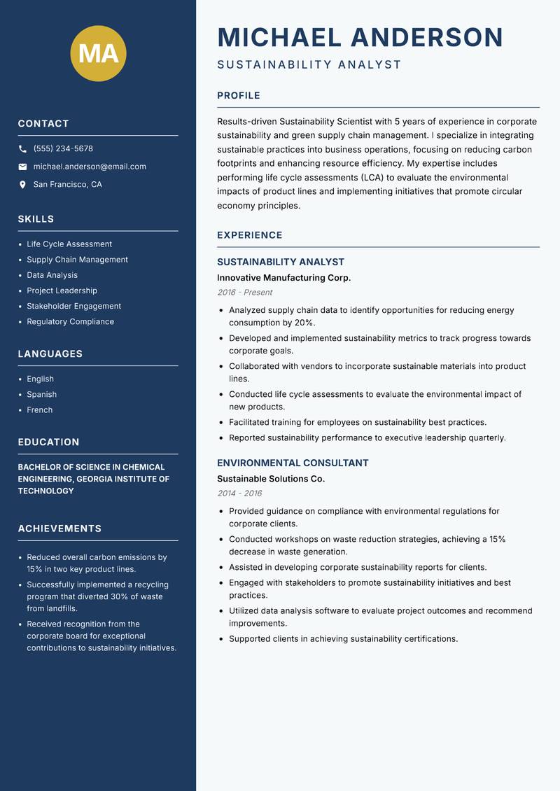 Sustainability Scientist Resume Preview Example
