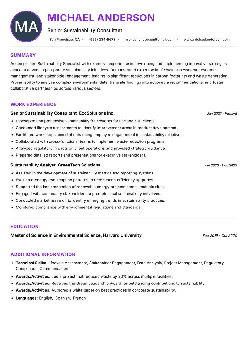 Sustainability Specialist Resume Preview Example