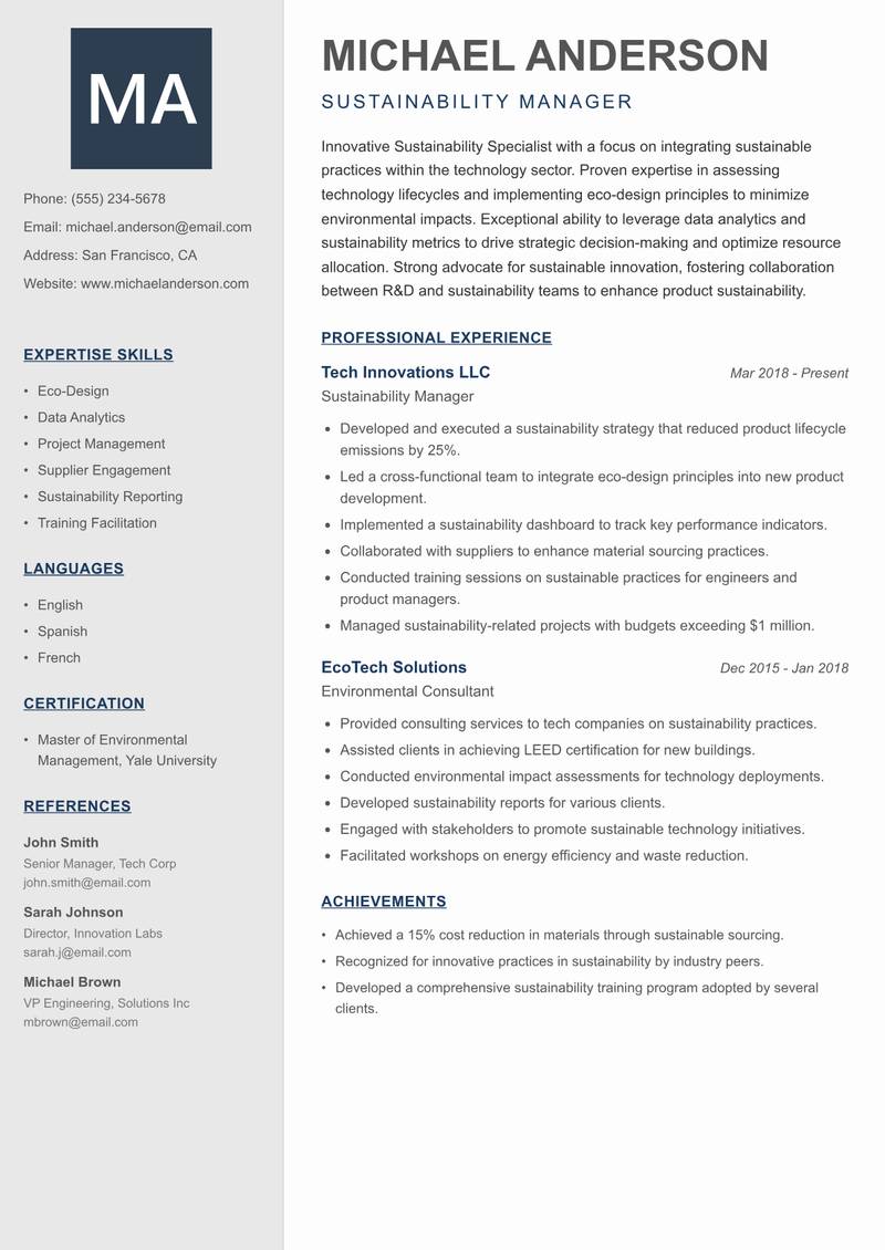 Sustainability Specialist Resume Preview Example