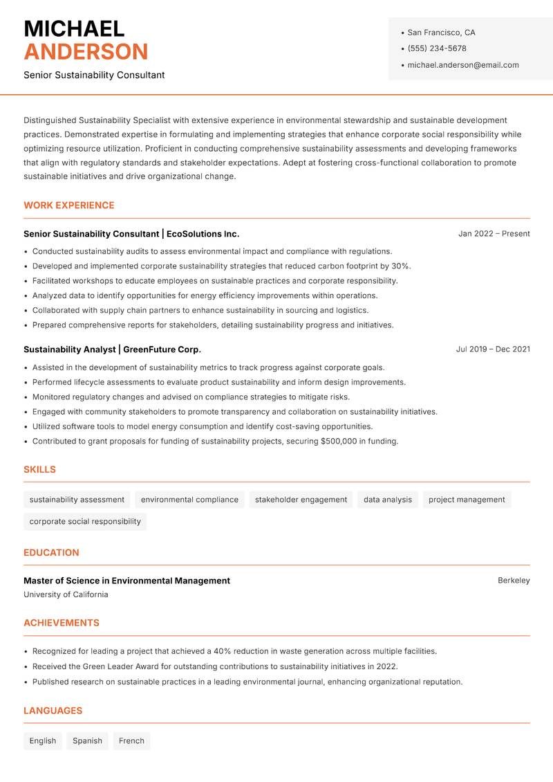 Sustainability Specialist Resume Template