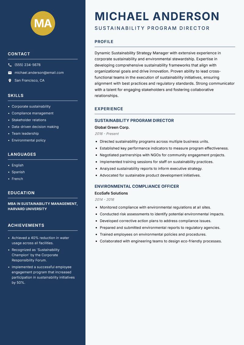 Sustainability Strategy Manager Resume Preview Example