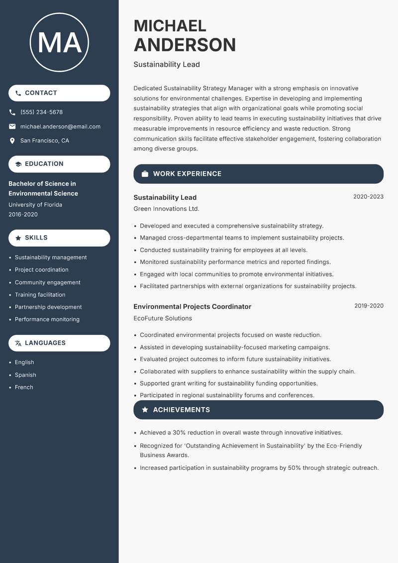 Sustainability Strategy Manager Resume Preview Example