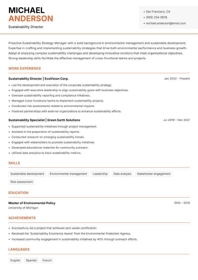 Sustainability Strategy Manager Resume Template