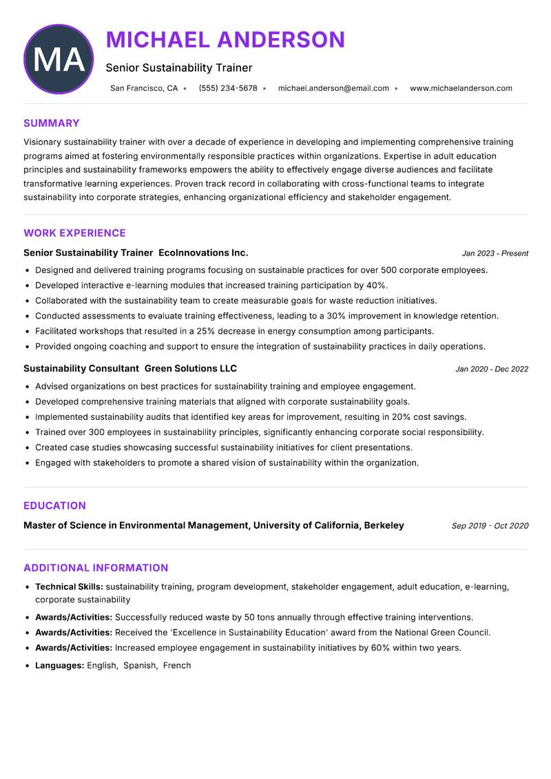 Sustainability Trainer Resume Preview Example