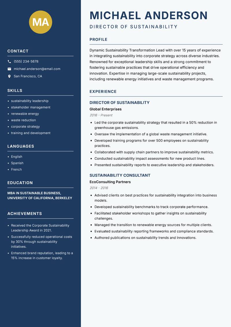 Sustainability Transformation Lead Resume Preview Example