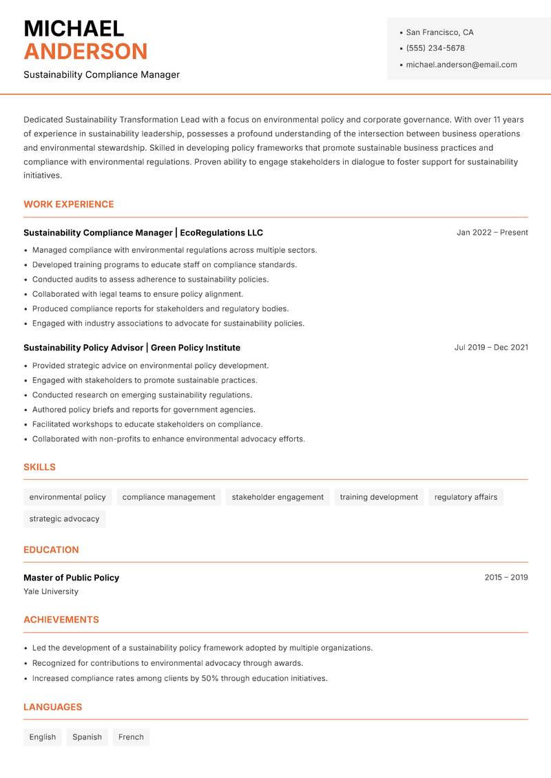 Sustainability Transformation Lead Resume Template