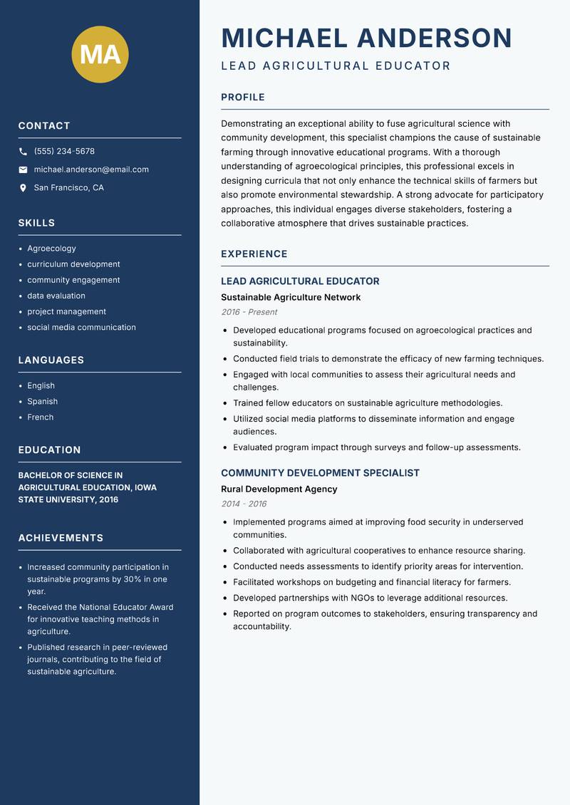 Sustainable Agriculture Extension Specialist Resume Preview Example