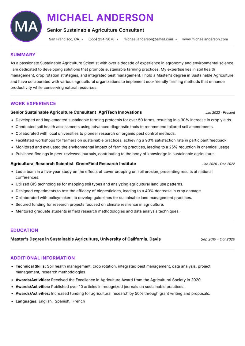 Sustainable Agriculture Scientist Resume Preview Example