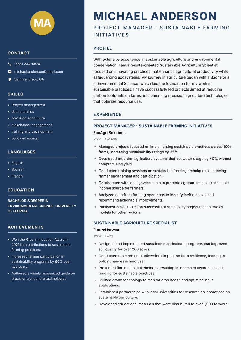 Sustainable Agriculture Scientist Resume Preview Example