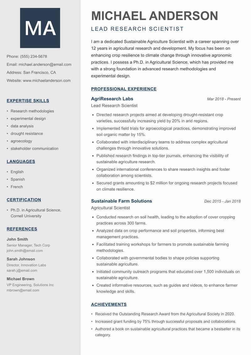 Sustainable Agriculture Scientist Resume Preview Example