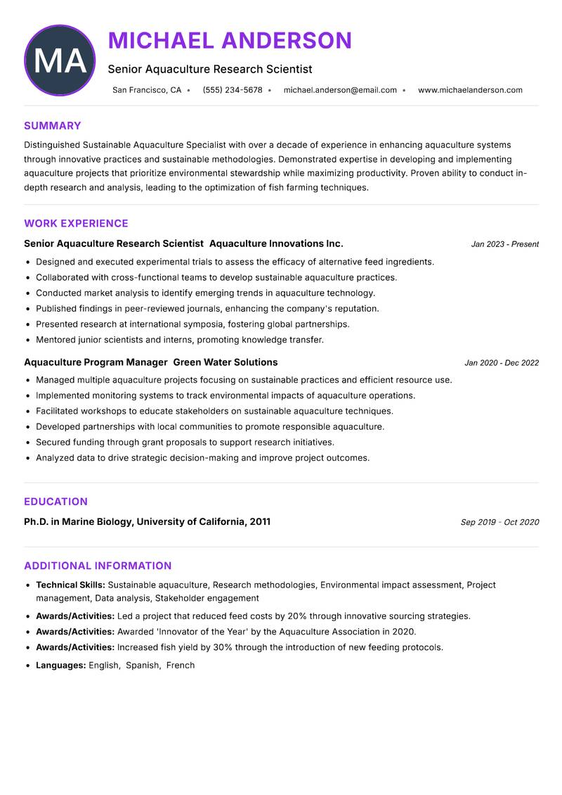 Sustainable Aquaculture Specialist Resume Preview Example