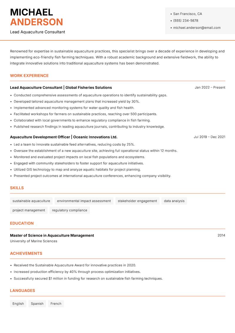 Sustainable Aquaculture Specialist Resume Template