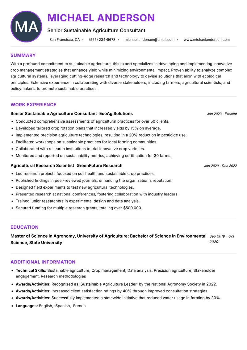 Sustainable Crop Specialist Resume Preview Example
