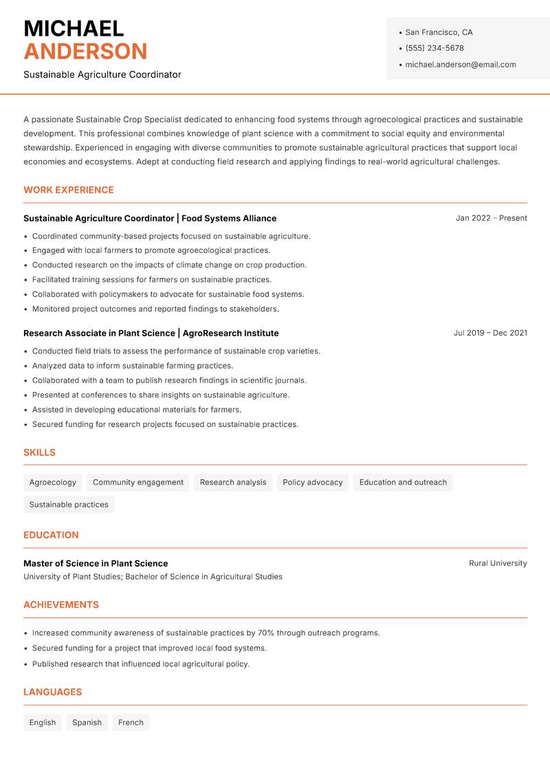 Sustainable Crop Specialist Resume Template