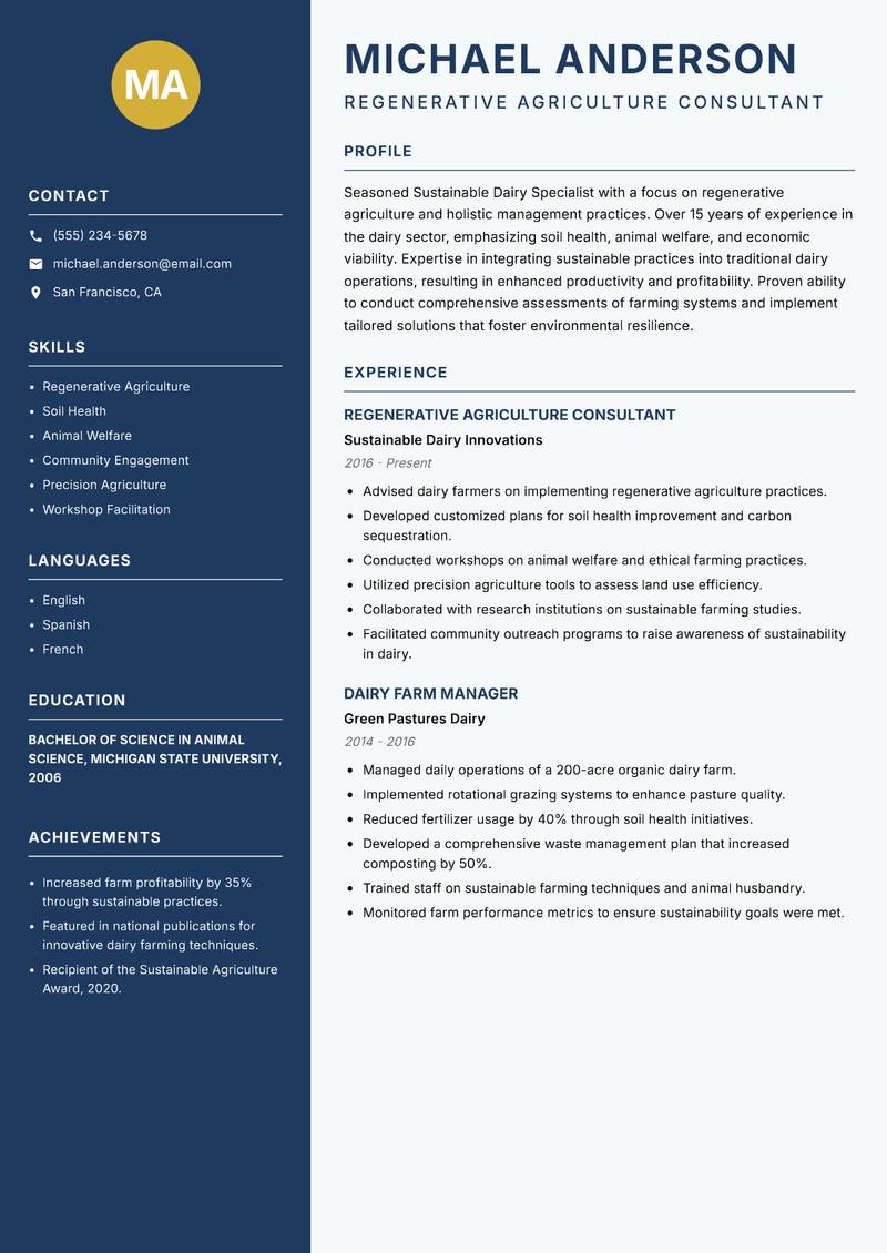 Sustainable Dairy Specialist Resume Preview Example