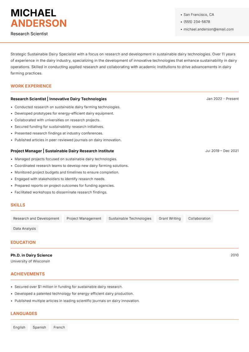 Sustainable Dairy Specialist Resume Template