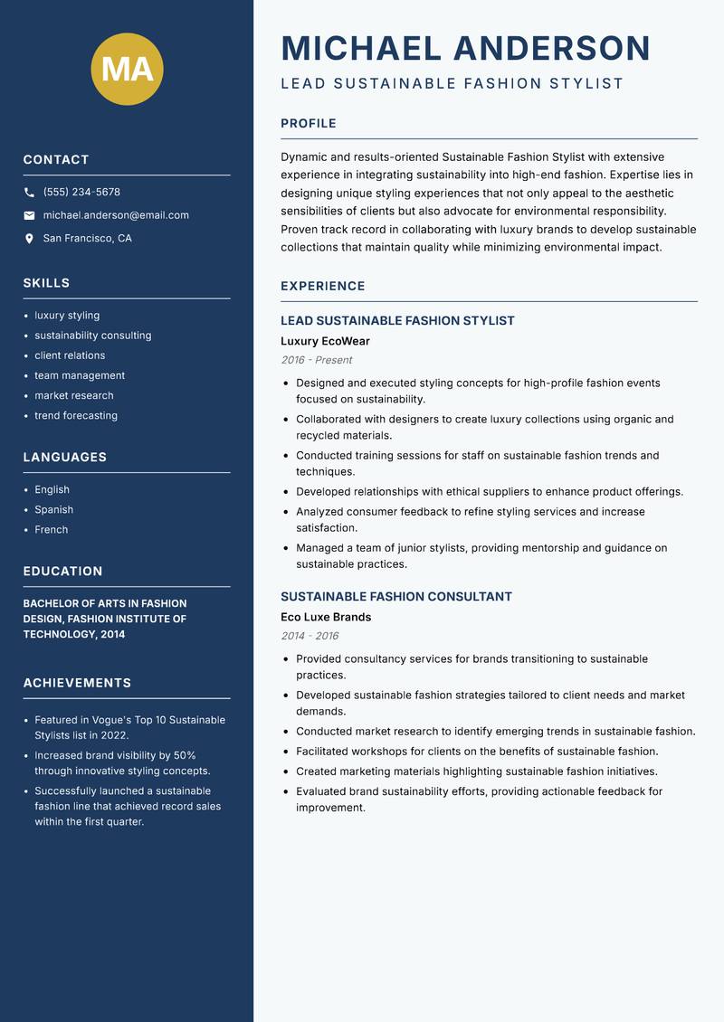Sustainable Fashion Stylist Resume Preview Example