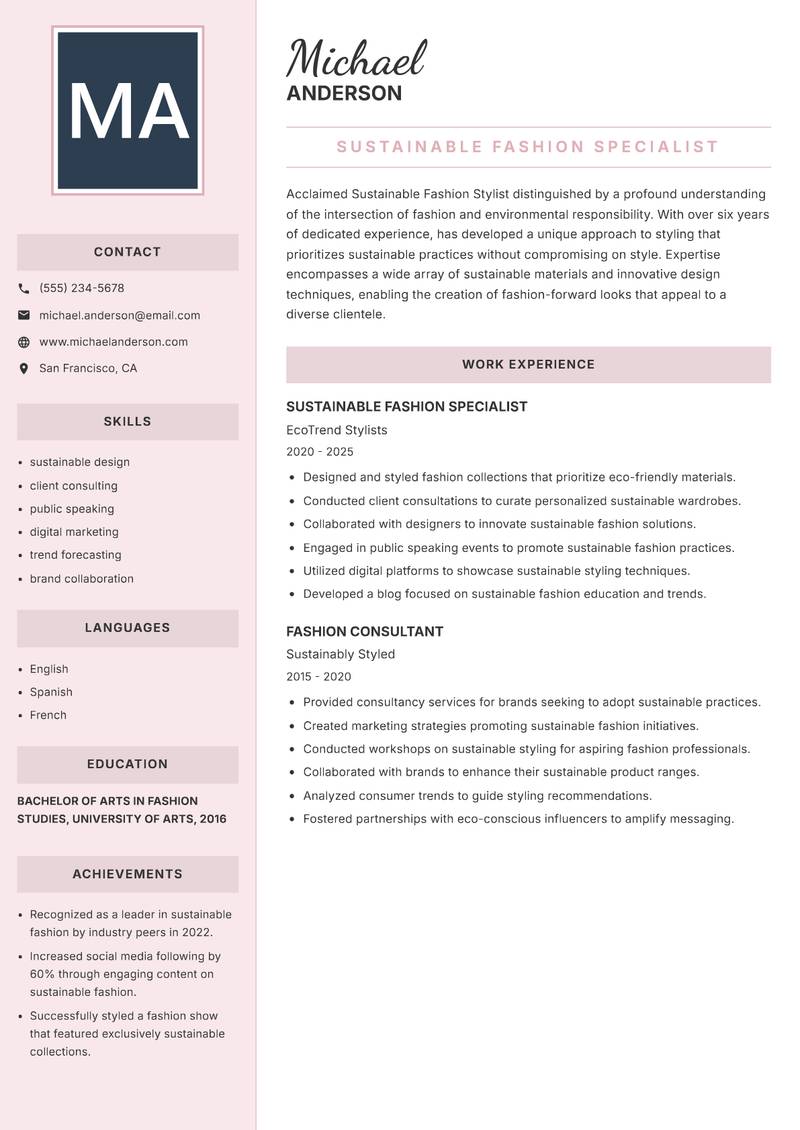 Sustainable Fashion Stylist Resume Preview Example