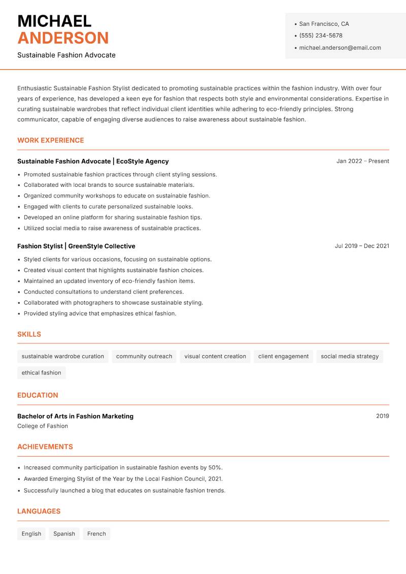Sustainable Fashion Stylist Resume Template