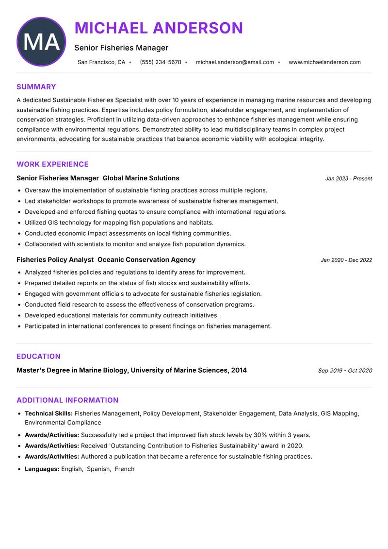 Sustainable Fisheries Specialist Resume Preview Example