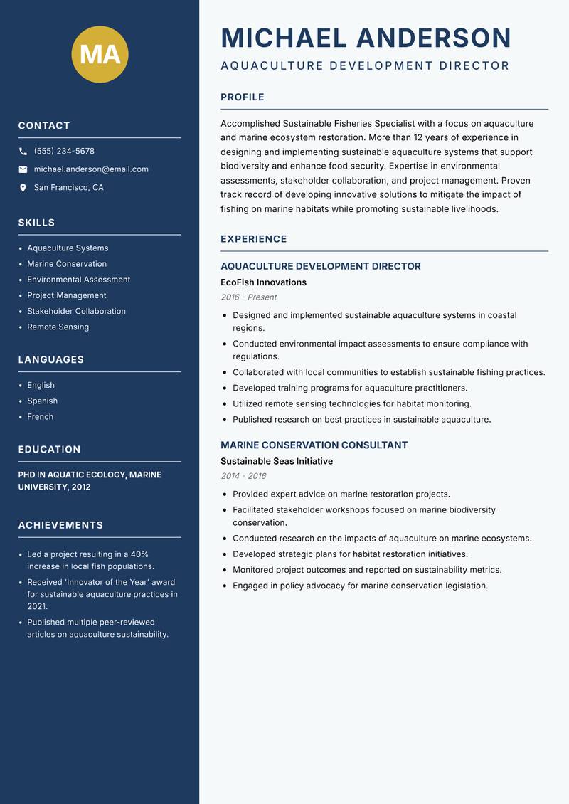 Sustainable Fisheries Specialist Resume Preview Example