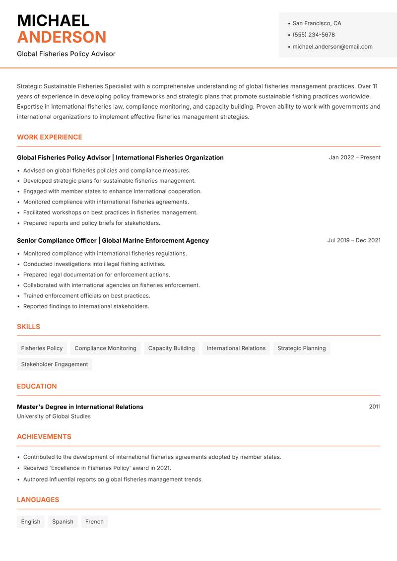 Sustainable Fisheries Specialist Resume Template