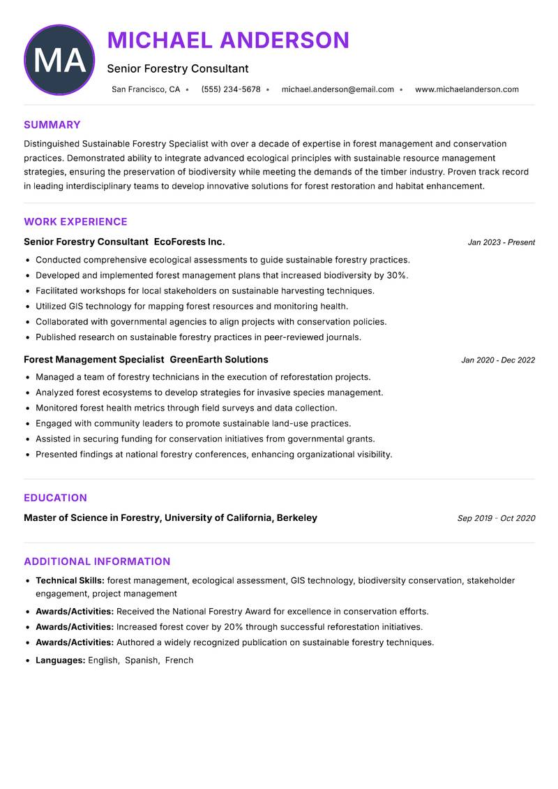 Sustainable Forestry Specialist Resume Preview Example