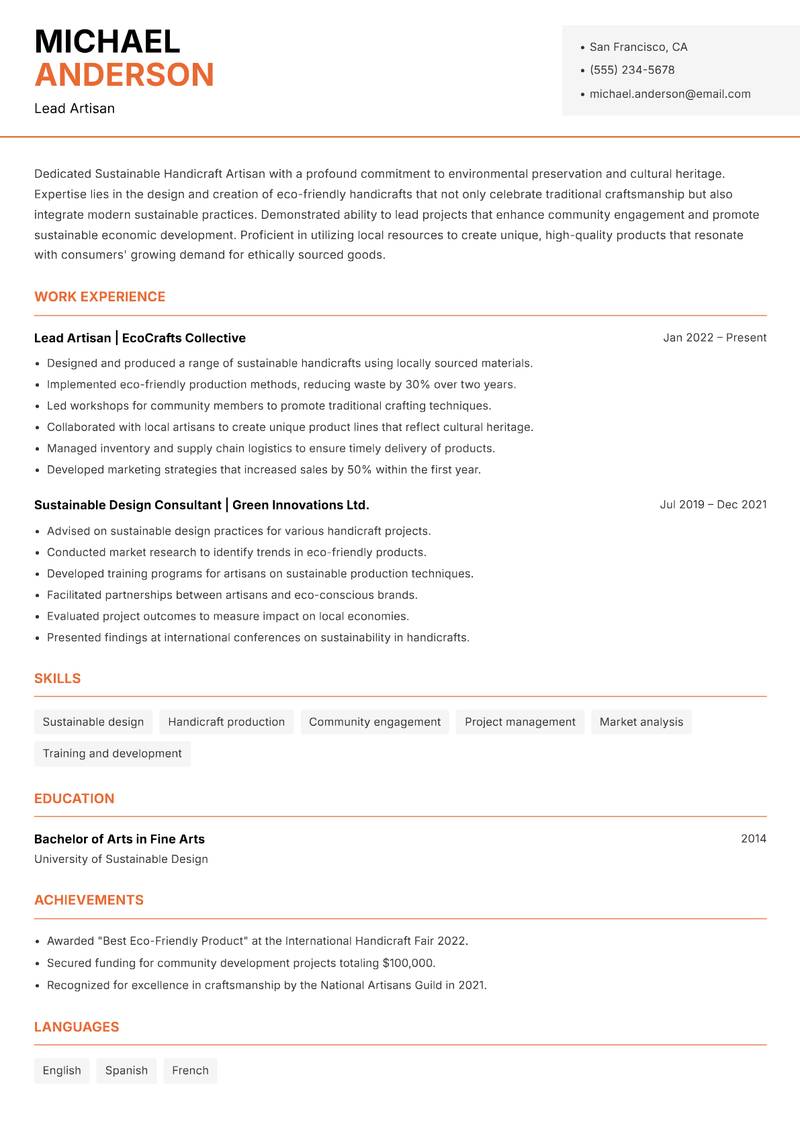 Sustainable Handicraft Artisan Resume Template