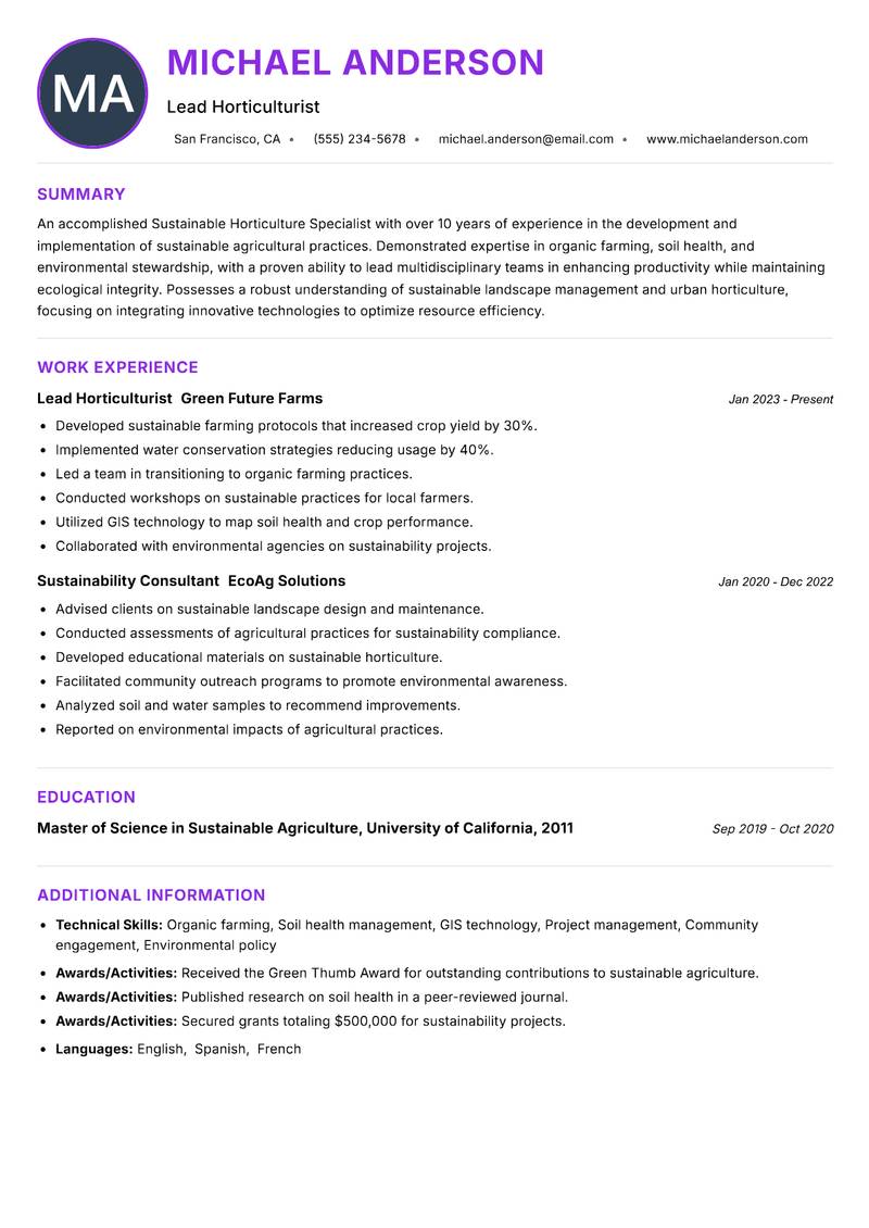 Sustainable Horticulture Specialist Resume Preview Example