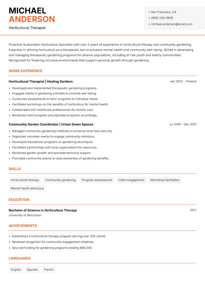 Sustainable Horticulture Specialist Resume Template