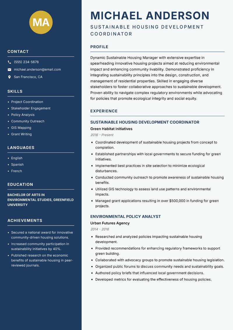 Sustainable Housing Manager Resume Preview Example